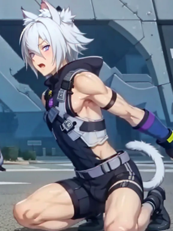 1 young person,alone,18-year-old,male,Shocked facial expression,blush,good looking,White hair Blue eyes,Purple eyes, Cat ear　Side view　Kneeled　Open your mouth and scream　suffer　Sleeveless, wistful expression　Exposure to electricity　Get it　Thick tail