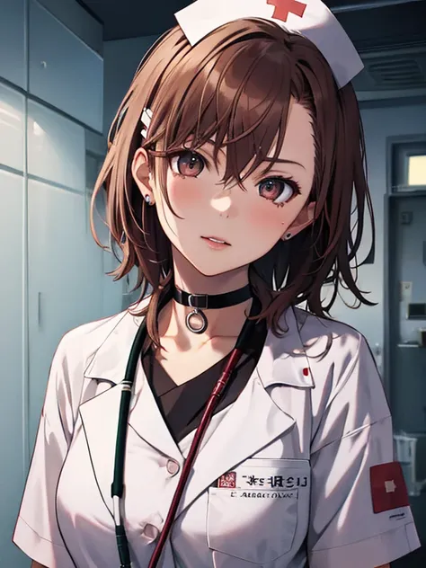 nurse, The background is the operating room, Misaka Mikoto, 1girl, black choker, uhd, retina, masterpiece, ccurate, anatomically correct, textured skin, super detail, high details, high quality, best quality, highres, 4K