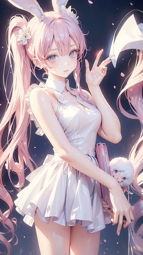 ((masterpiece)), (Highest quality))),Anime Style, Woman with bunny ears and a tail, With rabbit tail, With rabbit ears, (Very delicate and beautiful face), (Beautiful eyes in every detail),Girl Design, Anime Images, Long Hair, Pink Hair, Hair covering the ...