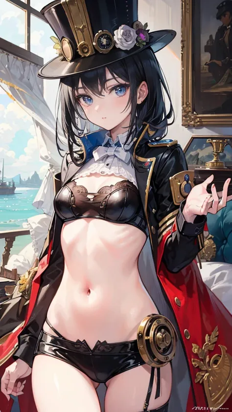 ((Best masterpiece, Perfect quality, Ultra detailed)), A pilot girl, With skinny body, With small breasts, Wearing antique top hat, Steampunk