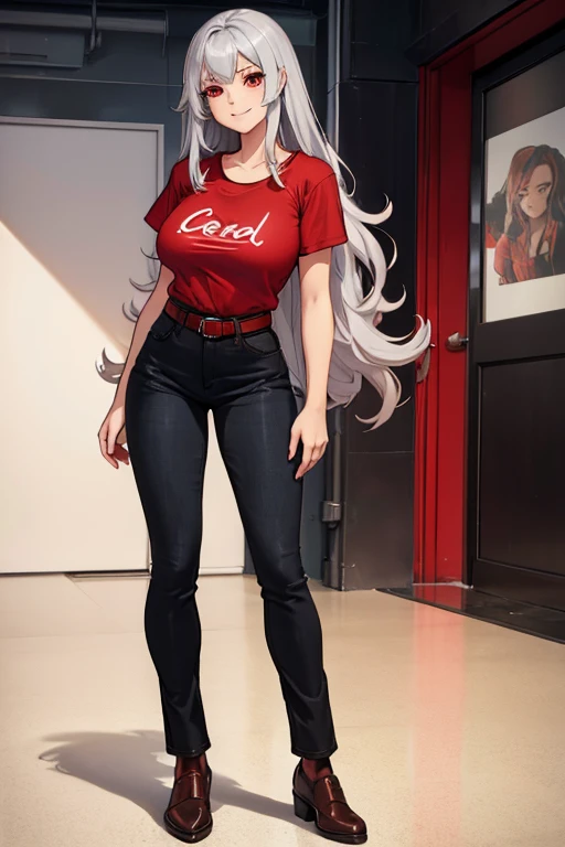 female, silver long hair, red eyes, (((1girl))), (((red t-shirt))), (black denim pants), (brown shoes), (red belt), cute and sexy, full body, large breasts, long legs, smiling, cleavage