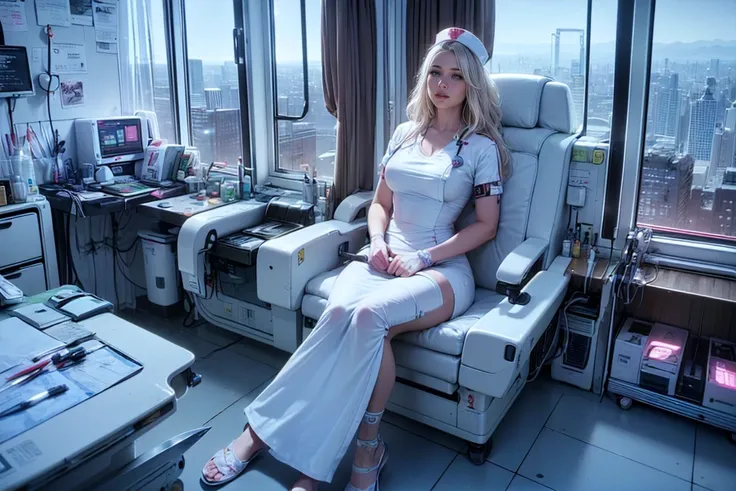 top quality, future world, State-of-the-art robot, Beautiful Woman, nurse, flying hair, Transformed into a cyborg except for the face, sexy images, whole body photo, (((nurse dress code in white colour, clinic, medicine, pills, syringe needle on hand, knif...