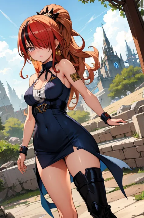 masterpiece, best quality, highres, hmlain, long hair, , ponytail, streaked hair, hair over one eye,, , hair over one eye, earrings, ,outdoor,looking viewer,,((((gyaru,fantasy)))),thigh boots,tanned body,standing,short dress,angry