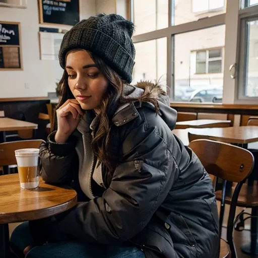 Woman wears a down winter jacket that is way too big in summer, sitting in the cafe 