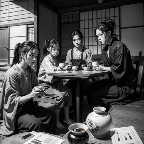 To draw Tanjiro, Zenitsu e Inosuke de "Kimetsu no Yaiba" drinking tea in black and white, Start by gathering some visual references from these characters to ensure the details are correct. Make a light sketch to position Tanjiro, Zenitsu and Inosuke and th...