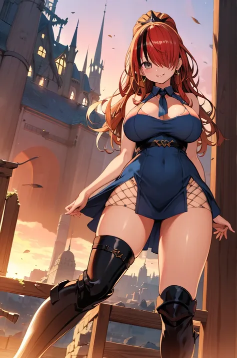 masterpiece, best quality, highres, hmlain, long hair, , ponytail, streaked hair, hair over one eye,, , hair over one eye, earrings, ,outdoor,looking viewer,,((((gyaru,fantasy)))),thigh boots,tanned body,standing,short dress,smile,huge breasts