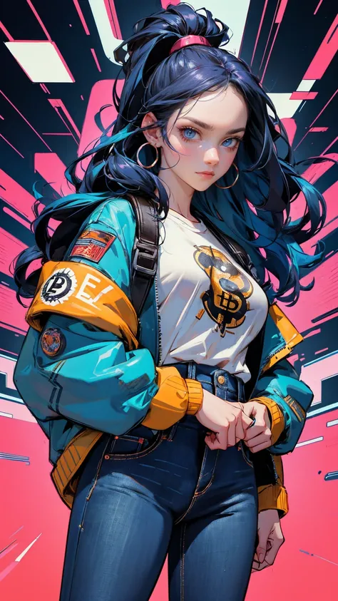 A woman with an angry face holding her phone in front of multiple trading charts, with bitcoin coins flying around and social media icons in the background, wearing blue jeans and a white shirt. The art is in the colorful cartoon style of cyberpunk and hyp...