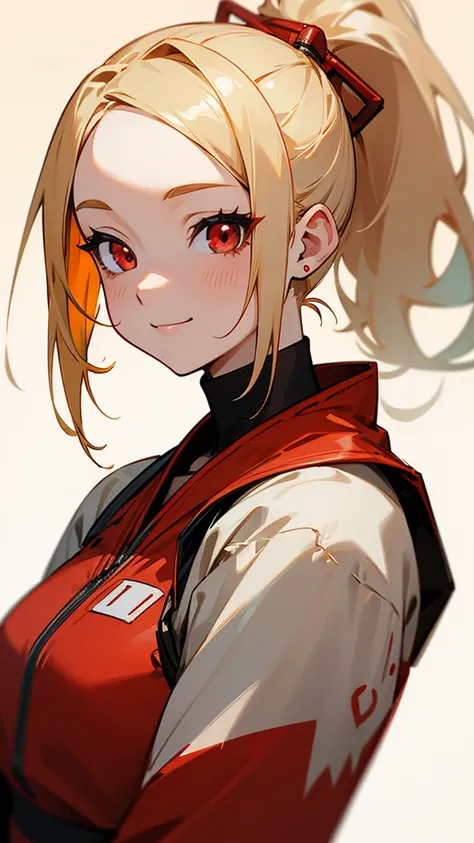 1 Girl、Anime-style paintings、Blonde Hair、Half Ponytail、Round red eyes、smile、From the side、Upper body close-up、Red jumpsuit