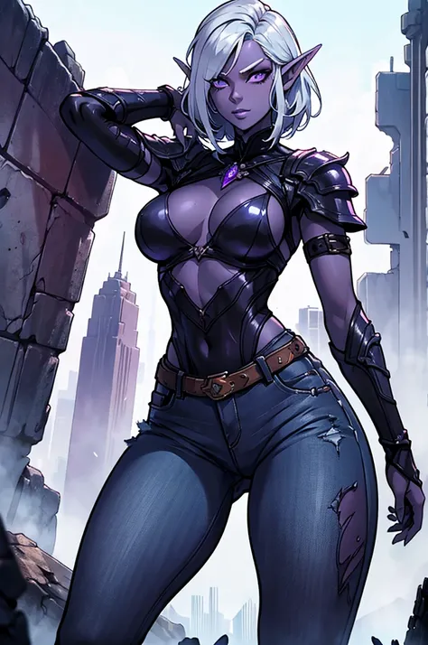 Sexy young girl drow elf with short silver hair and dark purple skin, sexy female body, leather armor, jeans, wounds, ruins of a modern city in the background