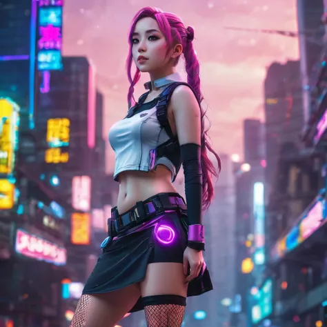 a beautiful alluring anime girl, 1girl, side braid, wavy pink hair, fit sexy define physique, miniskirt, knee high fishnet socks, engineer boots, standing in cyberpunk city galaxy background, hyperrealistic, 3D, (best quality,4k,8k,highres,masterpiece:1.2)...