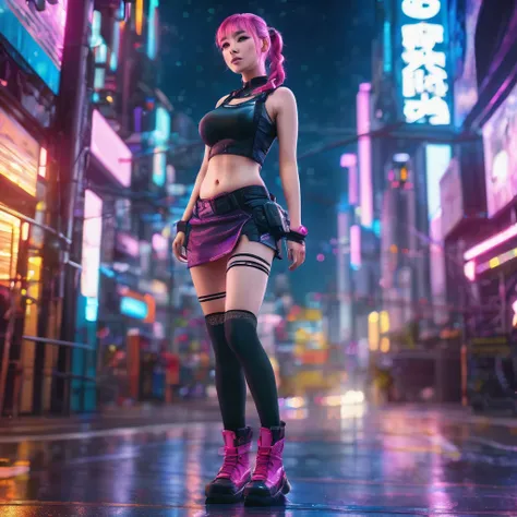 a beautiful alluring anime girl, 1girl, side braid, wavy pink hair, fit sexy define physique, miniskirt, knee high fishnet socks, engineer boots, standing in cyberpunk city galaxy background, hyperrealistic, 3D, (best quality,4k,8k,highres,masterpiece:1.2)...