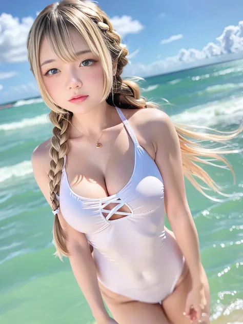 Sexy big 、Sexy cute looks and cute 15 year old beautiful girl, Beautiful and sexy face、A strong wind blows my hair in front of my face、Beautiful long blonde French braided hair、Beautiful, cute and sexy eyes hidden by long bangs、Swimsuit、Milk transparency、S...