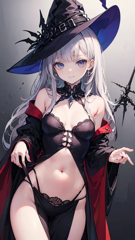 ((Best masterpiece, Perfect quality, Ultra detailed)), A witch girl, With skinny body, With small breasts, Wearing goth robe, Giggling