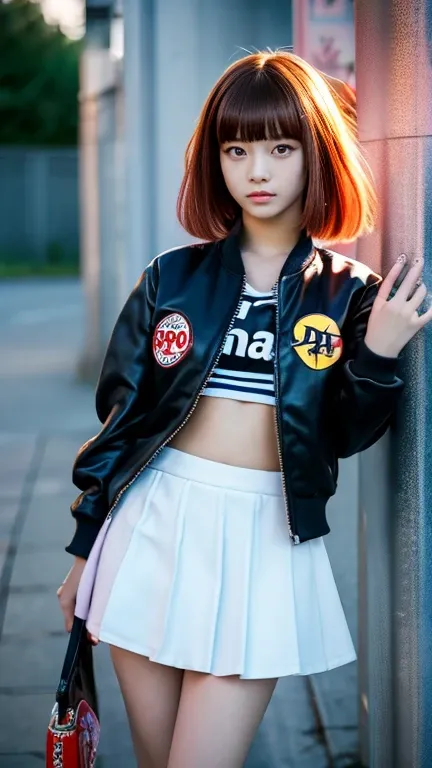 Girl with flamboyant appearance and rebellious attitude, Japanese, 15 years old, (beautiful fine eyes, clear double pupils), delinquent girl, alone, gal style with emphasis on cuteness, jacket, extremely short skirt, sneakers, bobbed hair, staring at viewe...