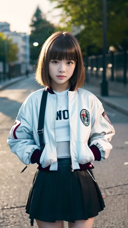 Girl with flamboyant appearance and rebellious attitude, Japanese, 15 years old, (beautiful fine eyes, clear double pupils), delinquent girl, alone, gal style with emphasis on cuteness, jacket, extremely short skirt, sneakers, bobbed hair, staring at viewe...