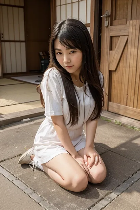 Cute japanese teen sittin on ground