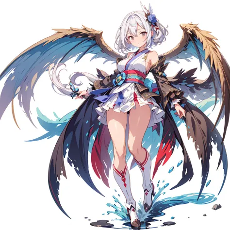 (masterpiece, Highest quality), (perfect athletic body:1.2), (Thin Hair), 非常にdetailedな, Anime Style, whole body, alone,  Gothloli kimono, Fairy Wings,Magical girl、Magic giant wand、  White hair and brown skin, High Boots,Floating in the blue sky, High heel ...