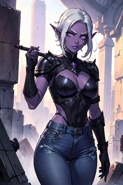 young girl drow elf with short silver hair and dark purple skin, leather armor, jeans, wounds, ruins of a modern city in the background, zombie in the background