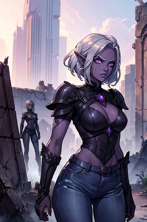 young girl drow elf with short silver hair and dark purple skin, leather armor, jeans, wounds, ruins of a modern city in the background, zombie in the background