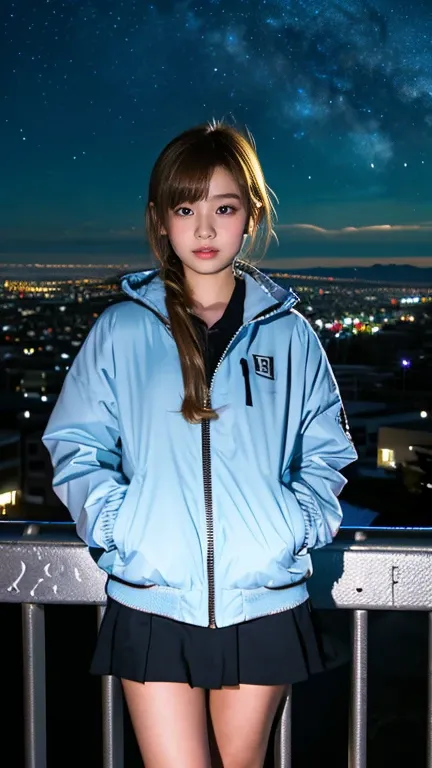 Girl with flamboyant appearance and rebellious attitude, Japanese, 15 years old, (detailed eyes, beautiful clear double pupils), delinquent girl, alone, gal style with emphasis on cuteness, jacket, extremely short skirt, sneakers, bobbed hair, looking at v...