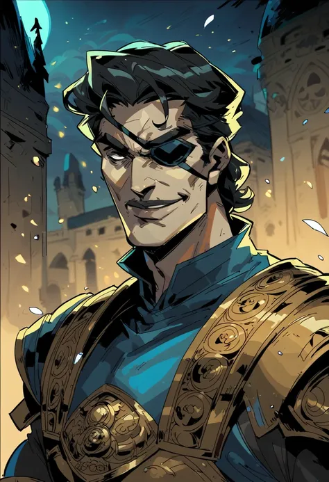 score_8_up, score_7_up, 1man, solo, portrait of rogue young man in light armor, dark lips, comely face, bronze pauldrons, bronze frills, blue tabard, black hair, eyepatch, night, particles, old cathedral background, dark clouds, hades style, smiling