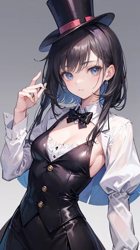 ((Best masterpiece, Perfect quality, Ultra detailed)), An illusionist girl, With skinny body, With small breasts, Wearing top hat, Wearing neat tuxedo