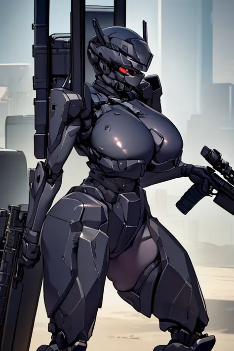 black shiny rubber suit、carry a sniper rifle、giganticbreasts、beautiful thighs、black hair、robot joint、mask with camera、