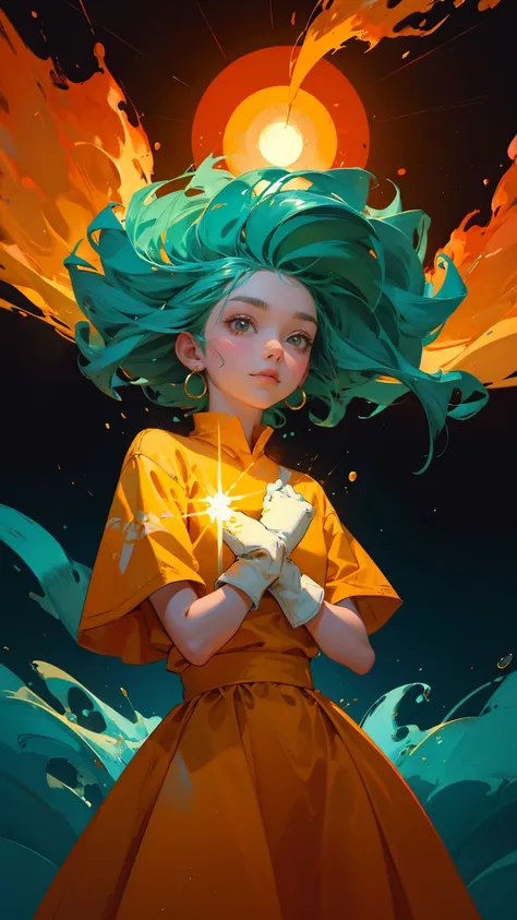 a girl  with big eyes and a happy expression is standing on the ground, surrounded by flames, while looking up at an orange sun in the sky. The background behind his head reflects yellow light, and he has green skin. He wears white gloves and holds water d...