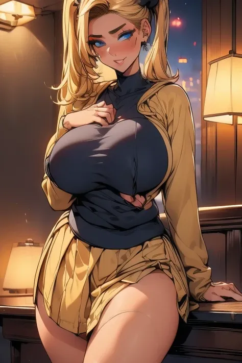 masterpiece, 1 girl, blonde hair with two ponytails, ((big breasts(1:2))), ((Thin sweatshirt) , (short waffle skirt) , big hips, (((breast falls out))), Plump lips