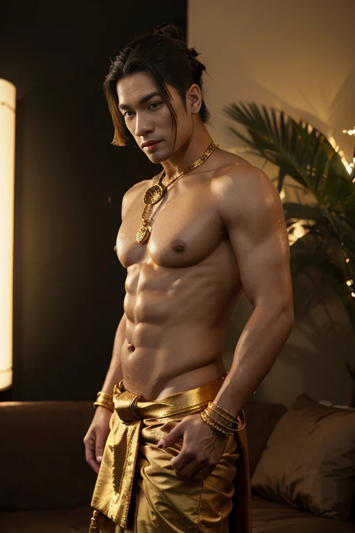 Asian god, A handsome Thai guy, gold bangle on arms, gold bangle on upper arm, gold earing, gold pendant, gold embroidered collar on showder, gold rings, Indian Dhoti Style, a red cloth draped over the left shoulder, topless, top-knot hairstyle and Peacock...