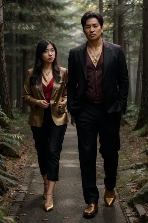 Satomi Ito, Lily Mariye, Teen Wolf, Elegant old woman, 60 years old, Mayor, fat muscular build, Long messy black hair, Black eyes, Red buttoned suit with red dress pants, Red heels, Gold pendant necklace Wolf in a golden forest background with fog