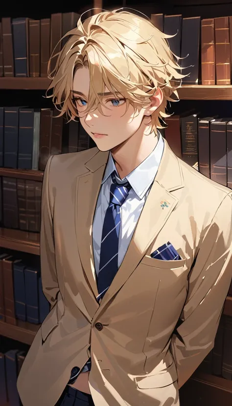 super detail, best quality, 18 years old, a handsome man, Blonde, Short, unkempt hair, blazer, high school student, Wearing out,In the library