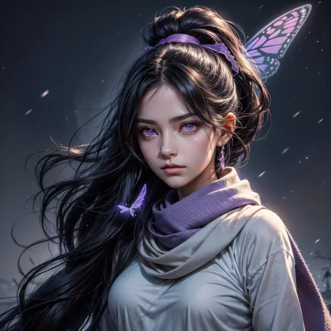 Create a high-quality, detailed anime-style image of a young woman with long, dark hair in a ponytail and violet eyes. She wears a dark scarf and has a calm, serious expression. A glowing, ethereal butterfly hovers near her face, illuminating her features ...