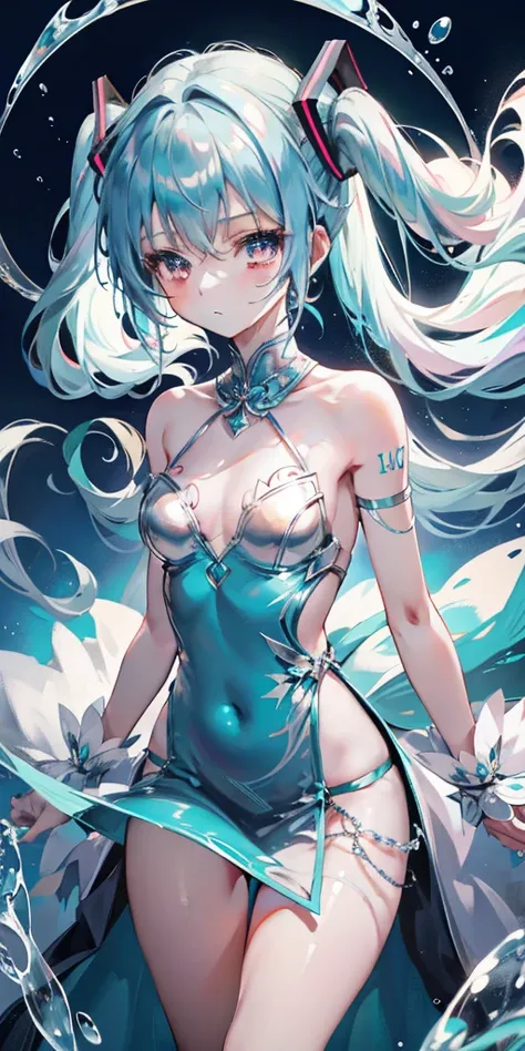 blue theme, Hatsune Miku portrait，masterpiece, magic , (Impossible Dress:1.5), mini skirt, Gradient background, Silver-blue hair, , bangs,Side Chain, pink eyes, (ulzang-6500-v1.1:0.9), Medium chest, Chest, Thigh gap, Hair accessories, arching back, Black_w...