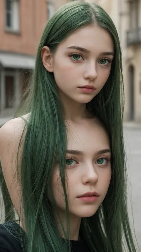 a girl.  Europe.  Oval face.  delicate facial features.  charming.  Long, straight, messy hairstyle.  green hair.  green eyes.  Sad.  straight face.  outdoor