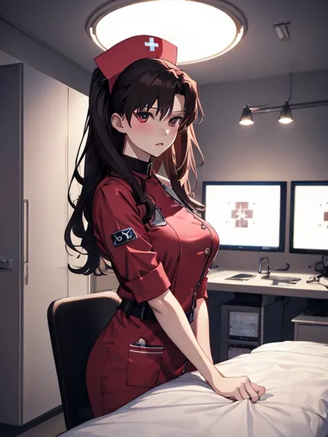 (nurse), (The background is the operating room), (nurse), Tohsaka Rin, (masterpiece), highest quality, 1girl, uhd, retina, masterpiece, ccurate, anatomically correct, textured skin, super detail, high details, high quality, best quality, highres, 4K