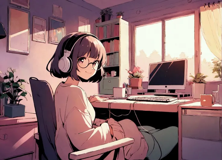 Girl working on a PC,Lo-fi atmosphere,Quiet and relaxing environment,Cozy rooms with warm lighting,Illustration in vintage style,Soft and calming colors,Cute anime style characters,Retro Computer Monitor and Keyboard,Over-Ear Headphones,Coffee Mugs,Bob hai...