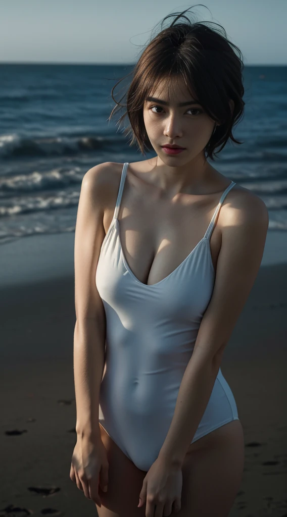 Best quality, masterpiece, ultra high res, (photorealistic:1.5), raw photo, 1girl, beach, deep shadow, low key, cold light, sexy look, short hair, swimsuit