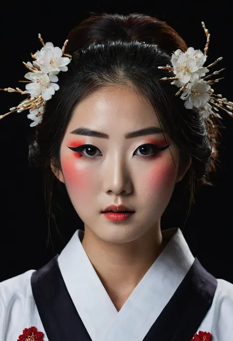 Centered on a dark background,The severed head of a beautiful 18-year-old Japanese woman wearing Korean makeup,The woman&#39;s eyes are open,The expression expresses icy fear.,Blood is dripping from his neck、In the background, there is a dilapidated old bu...