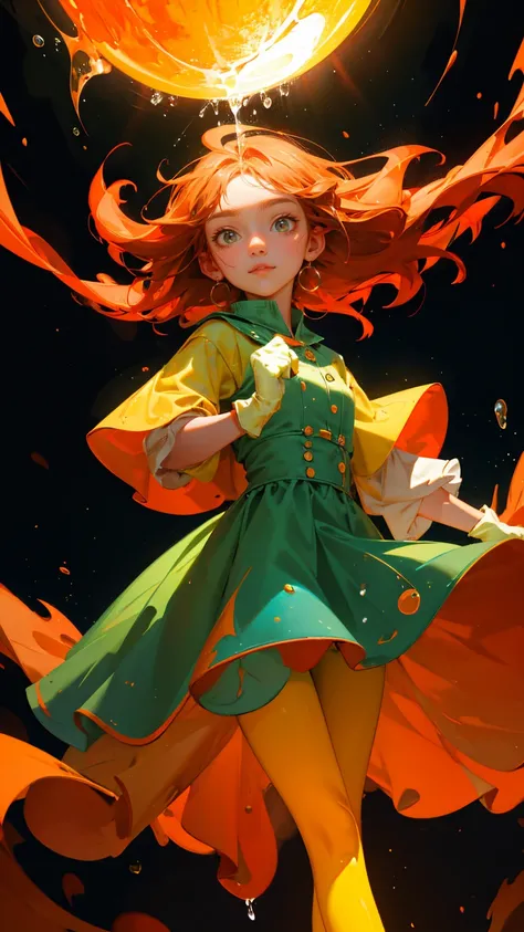 a girl with big eyes and a happy expression is standing on the ground, surrounded by flames, while looking up at an orange sun in the sky. The background behind his head reflects yellow light, and he has green skin. He wears white gloves and holds water dr...