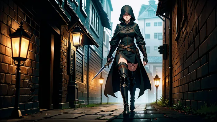 A young female assassin walking through a medieval city at night. She has a stealthy and determined expression, wearing dark, hooded clothing that helps her blend into the shadows. She carries various weapons, such as daggers and throwing knives, hidden wi...