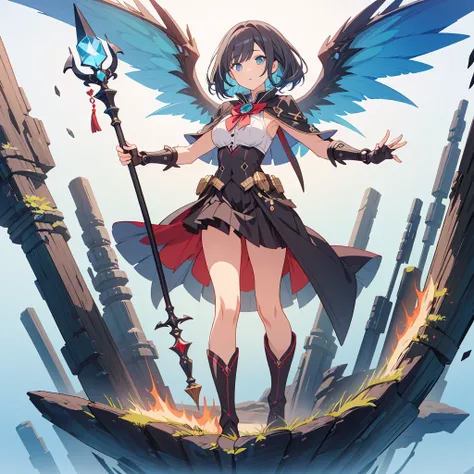 (Tabletop, Highest quality), (perfect athletic body: 1.2), (Thin Hair), Super Detailer, Anime Style, whole body, alone,Magical girl, Sea green twin hairstyles with blue eyes, Wearing a tattered black cloak and a black and red skirt, Wearing long boots, Bur...