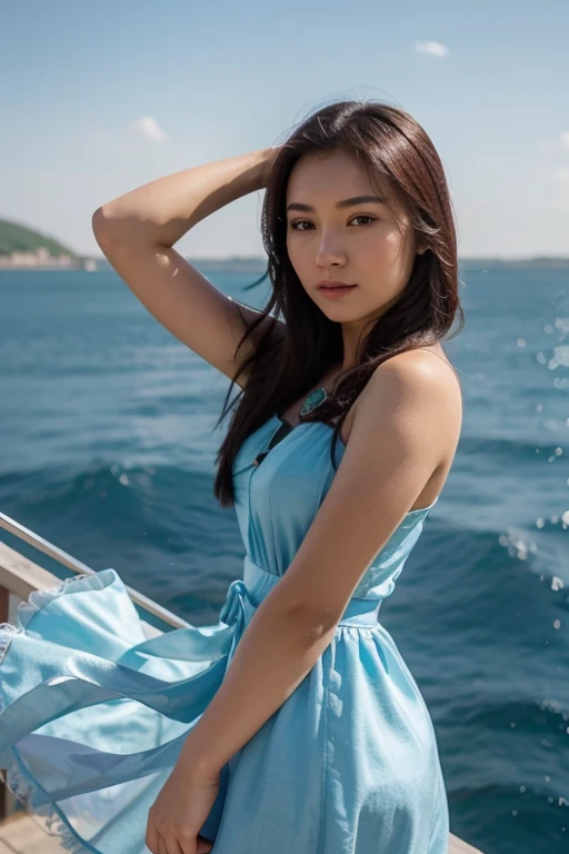 Kazakh girl, in a beautiful summer dress, in a restaurant with a glass of red wine