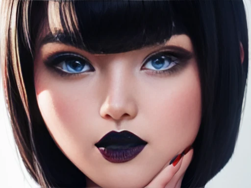 Beautiful girl short black hair, blue eyes white skin,  black eyeliner , black manicure and voluminous red lips, beautiful and perfectly detailed face,  nsfw image 1.2 high resolution 12k gotich makeup fanart Stunning wallpaper 