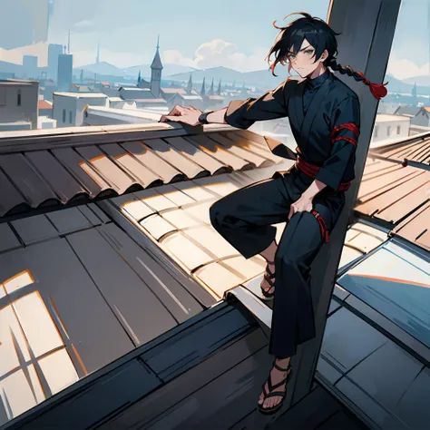 1male, Black Hair, Blue Ninja Outfit, Braided Hair, Black Sandals, Stealth Attire, Grey Eyes, Determined Expression, Lean, Assassin, Adult Male, Rooftop, Perched on the Edge