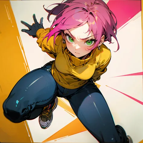 1female, Pink Hair, Yellow Turtleneck, Short Hair, Black Jeans, Casual Shoes, Green Eyes, Serious Expression, , Artist, Adult Female, Studio, Painting on a Canvas