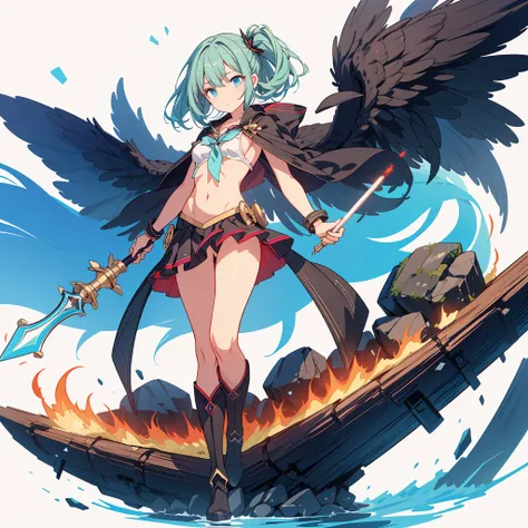 (Tabletop, Highest quality), (perfect athletic body: 1.2), (Thin Hair), Super Detailer, Anime Style, whole body, alone,Magical girl, Sea green twin hairstyles with blue eyes, Wearing a tattered black cloak and a black and red skirt, Wearing long boots, Bur...