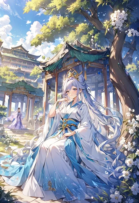 A woman in a blue dress sitting under a tree with white flowers, Heavenly Beauty, white Hanfu, palace ， a girl in Hanfu, Beautiful Fantasy Empress, Hanfu, Fantasyなファンタジー, ((Beautiful Fantasy Empress)), Cyansia Fantasy, A lovely and sloppy princess, Very be...