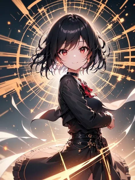 (masterpiece, highest quality, highest quality, (No text), Beautiful and aesthetic:1.2),No text,アニメ、BREAK,One Girl，Black Hair Girl　short hair　older sister　choker　Beautiful eyes　Red eyes　cool　smile　Red and Black　Black jacket　mini skirt　whole body　In town