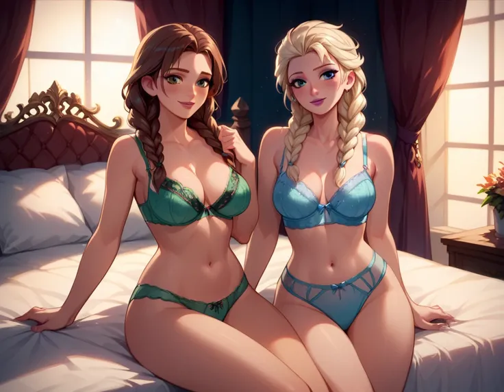 score_9, score_8_up, score_7_up, score_6_up, 2girls, elsa (blonde hair, braid, blue lingerie, navel:1.1) and anna (brown hair, braided pigtails, green lingerie, navel:1.3),, elegant hotel suite, lovers, in love, they are on large luxurious bed, they are en...